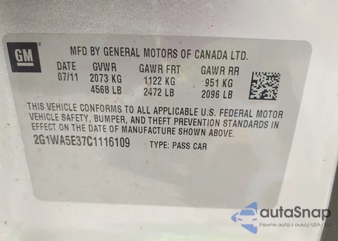 2012 Chevrolet Impala Ls z USA, uszkodzony, nr VIN 2G1WA5E37C1116109